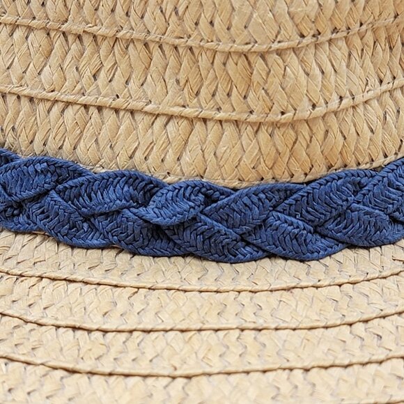 Women's Floppy Wide Brim Straw Summer Hat Tan & Navy - Picture 6 of 10